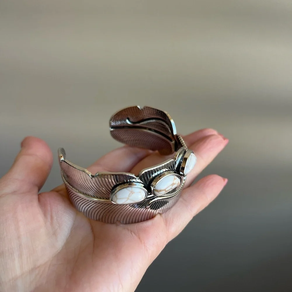 Cuff Bracelet silver tone and cream colored stones, fashion jewelry